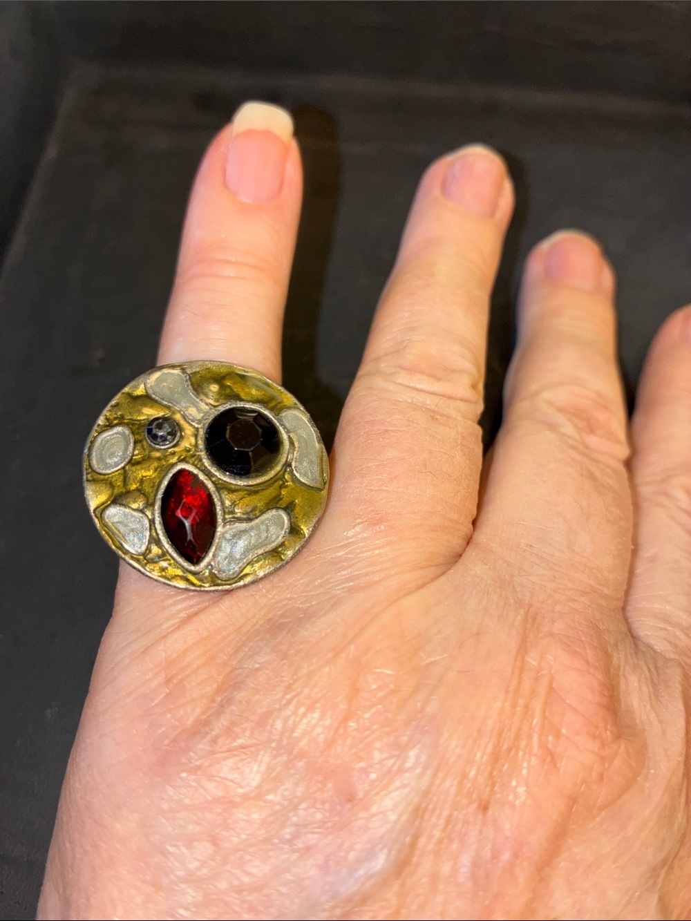 Statement Gold-Tone Adjustable Ring with Red and Black Gem Accents